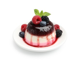 Photo of Tasty panna cotta with berries and jam isolated on white
