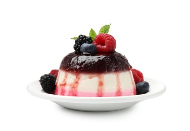 Photo of Tasty panna cotta with berries and jam isolated on white