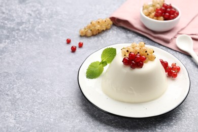 Photo of Tasty panna cotta with currants and mint on light grey table, closeup. Space for text