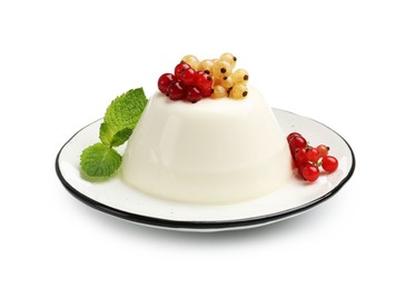 Photo of Tasty panna cotta with currants and mint isolated on white