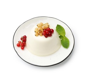 Photo of Tasty panna cotta with currants and mint isolated on white