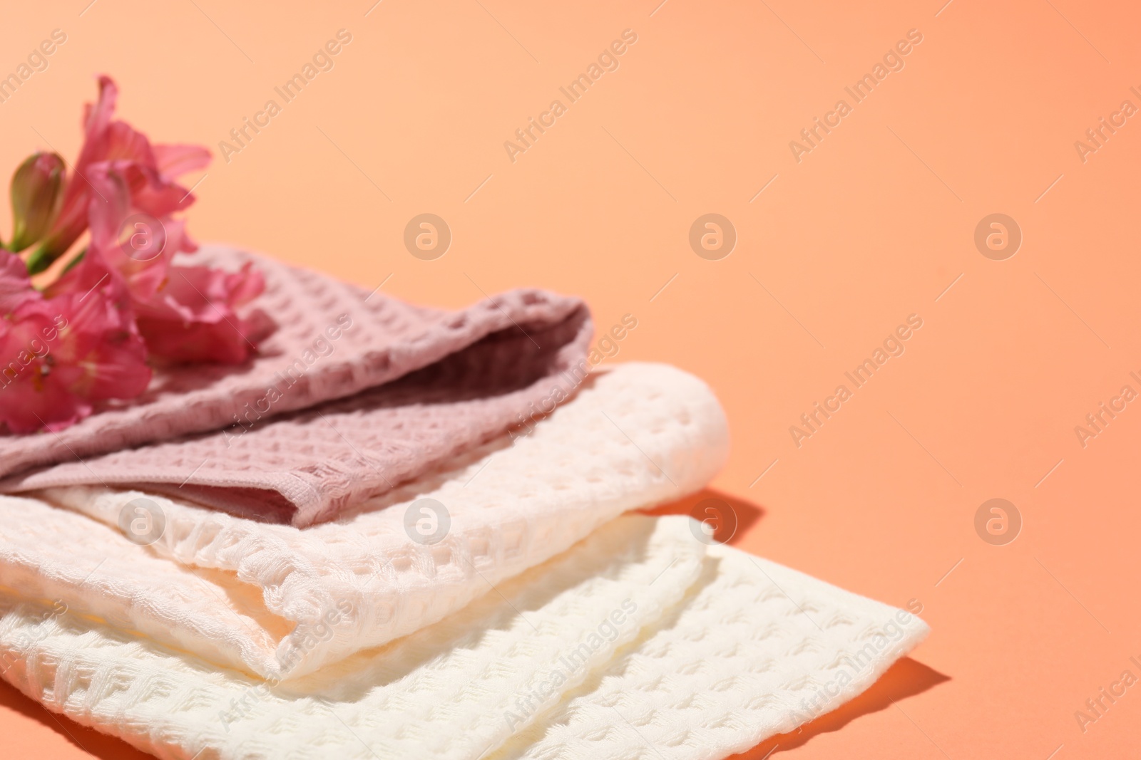 Photo of Folded waffle towels and flowers on coral background, closeup. Space for text