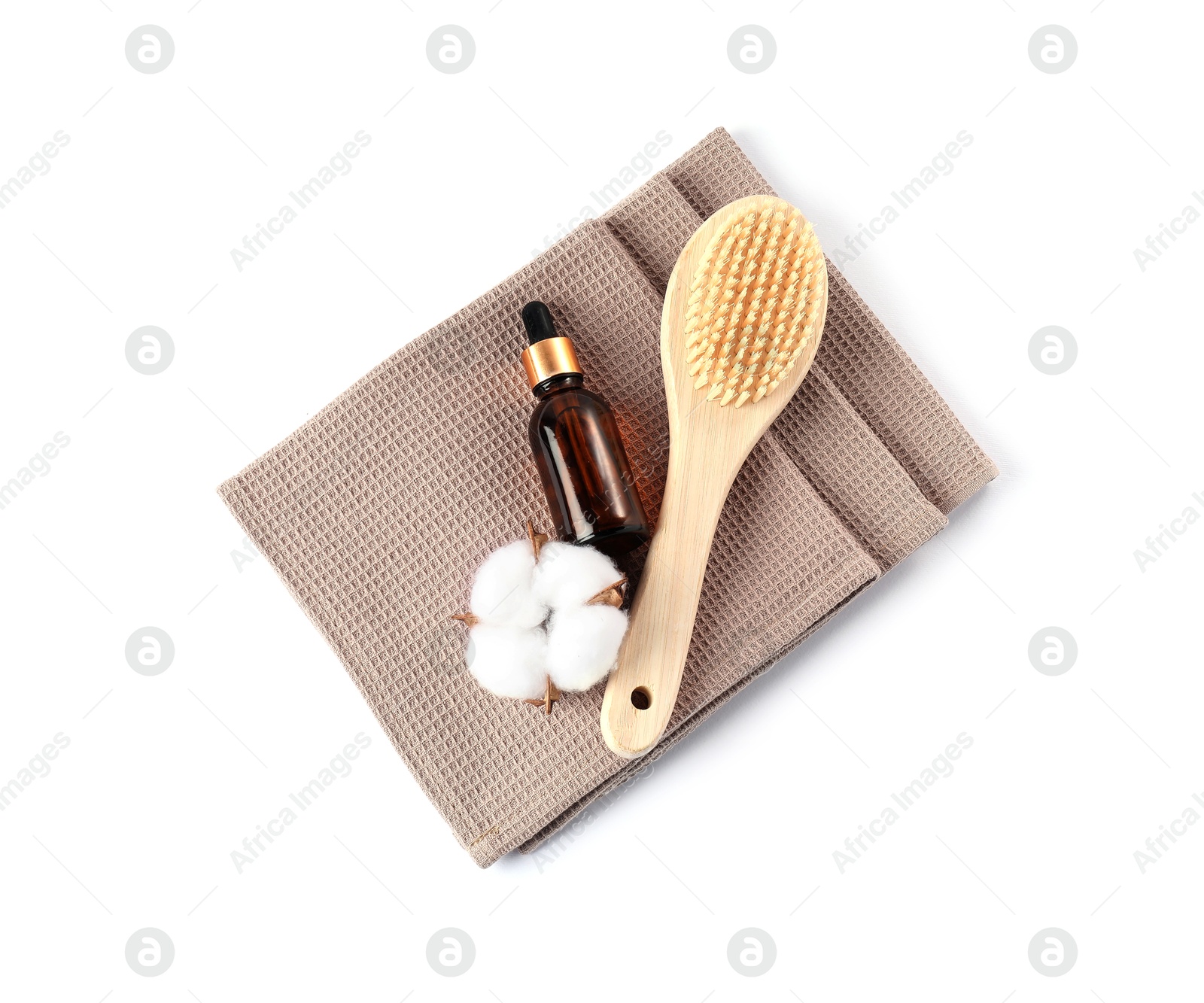 Photo of Clean waffle towels, cotton flower and spa products isolated on white, top view