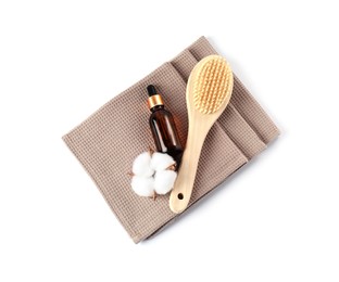 Photo of Clean waffle towels, cotton flower and spa products isolated on white, top view