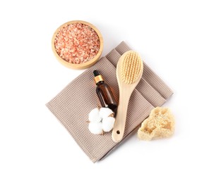Photo of Clean waffle towels, cotton flower and spa products isolated on white, top view