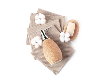 Photo of Clean waffle towels, cotton flowers and spa products isolated on white, top view
