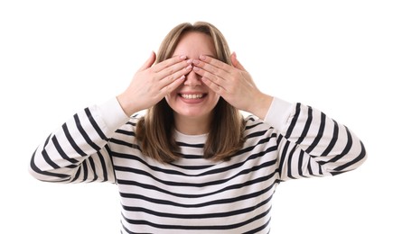 Photo of Woman covering eyes with hands and laughing on white background