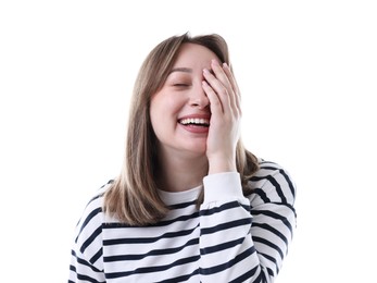 Photo of Attractive woman laughing on white background. Positive emotion