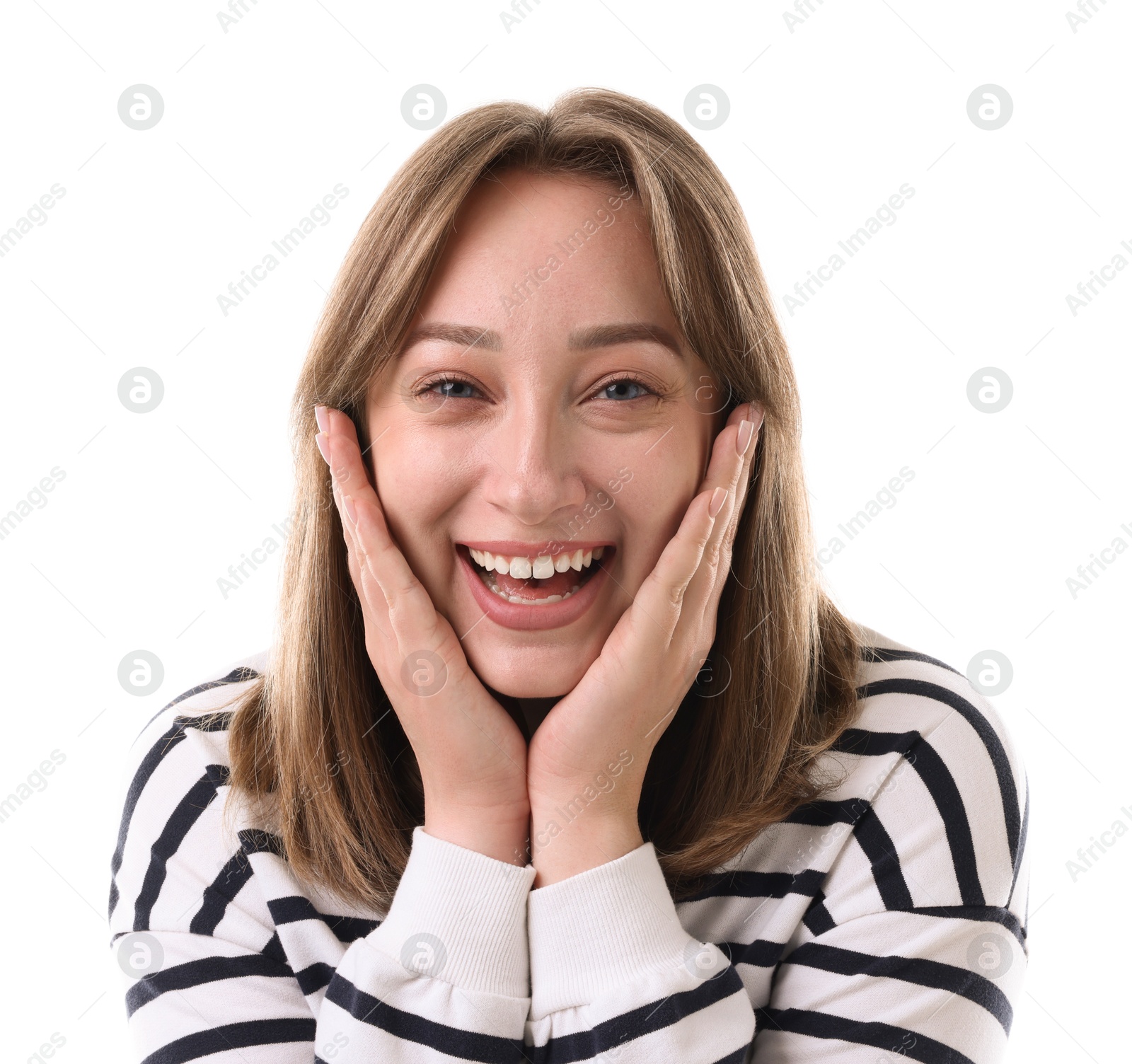 Photo of Attractive woman laughing on white background. Positive emotion