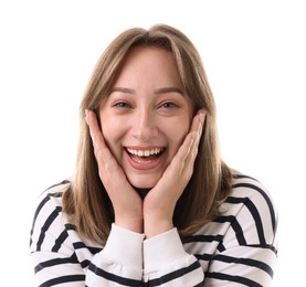 Photo of Attractive woman laughing on white background. Positive emotion