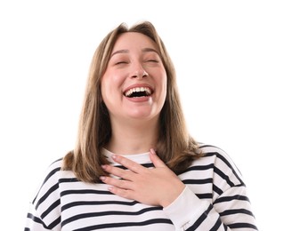Photo of Attractive woman laughing on white background. Positive emotion