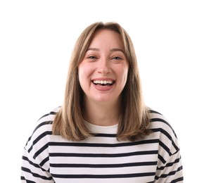 Photo of Attractive woman laughing on white background. Positive emotion