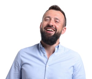 Photo of Handsome man laughing on white background. Positive emotion