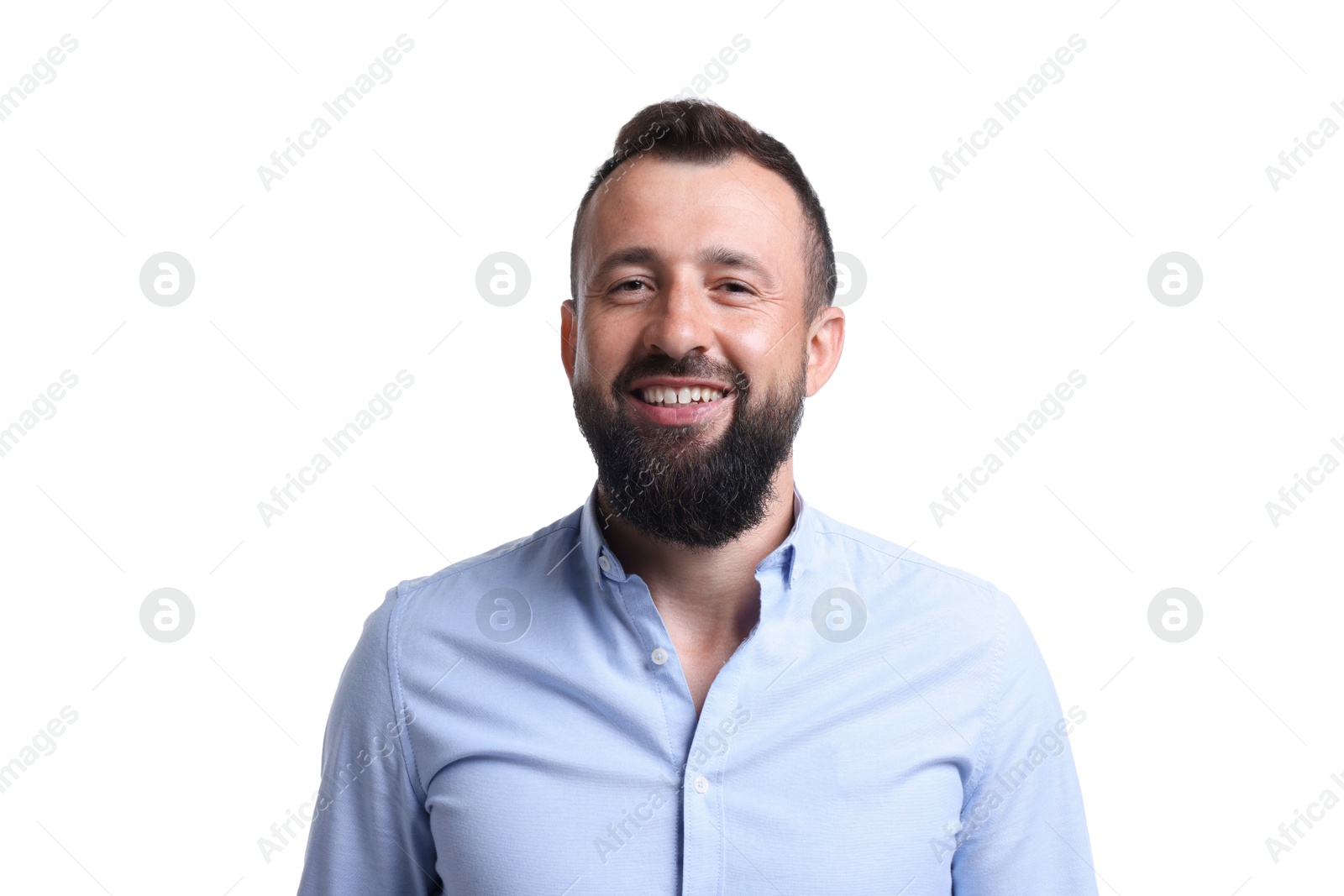 Photo of Handsome man laughing on white background. Positive emotion