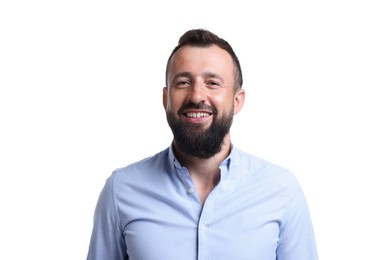 Photo of Handsome man laughing on white background. Positive emotion