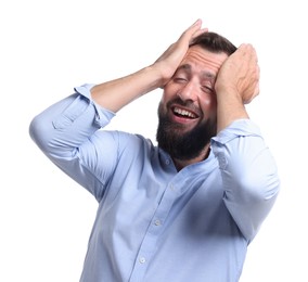 Photo of Handsome man laughing on white background. Positive emotion