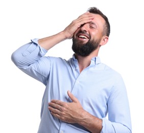 Photo of Handsome man laughing on white background. Positive emotion