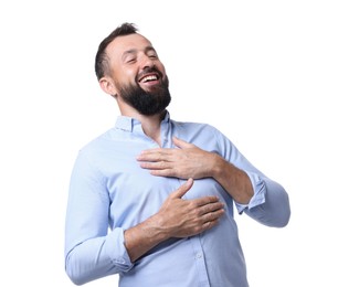 Photo of Handsome man laughing on white background. Positive emotion