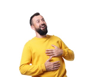 Photo of Handsome man laughing on white background. Positive emotion