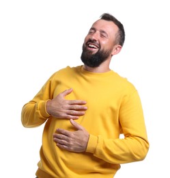 Photo of Handsome man laughing on white background. Positive emotion