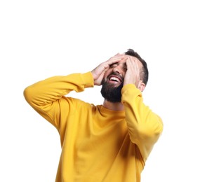 Photo of Handsome man laughing on white background. Positive emotion
