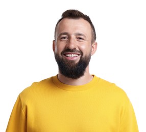 Photo of Handsome man laughing on white background. Positive emotion