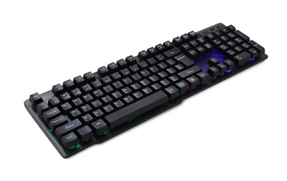 Photo of Modern computer keyboard with RGB lighting isolated on white