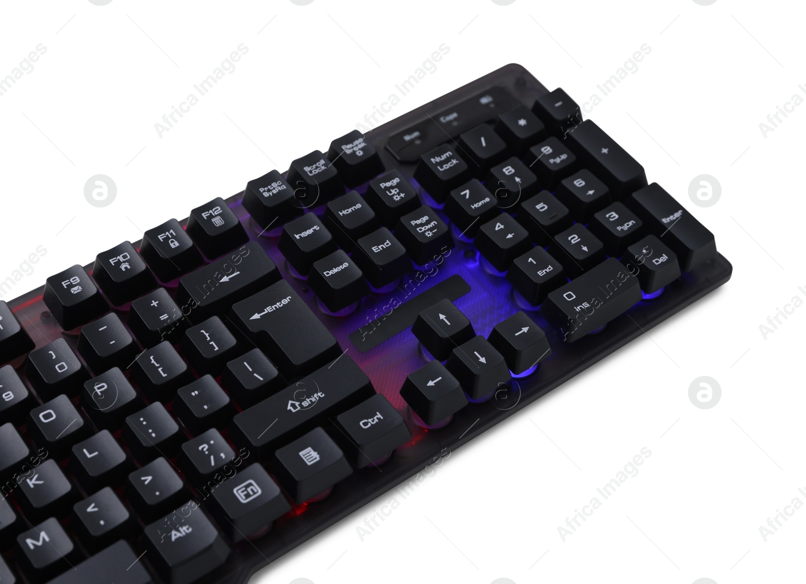 Modern computer keyboard with RGB lighting isolated on white Photo of Modern computer keyboard with RGB lighting isolated on white