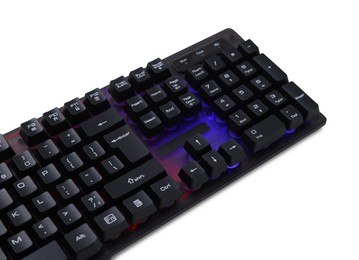 Photo of Modern computer keyboard with RGB lighting isolated on white