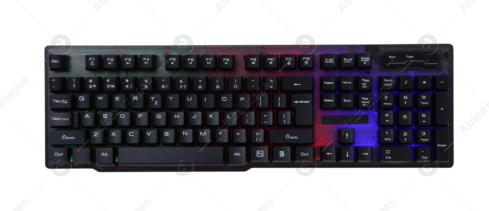 Modern computer keyboard with RGB lighting isolated on white, top view Photo of Modern computer keyboard with RGB lighting isolated on white, top view
