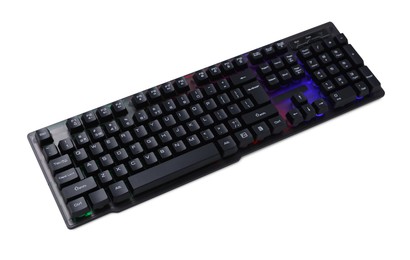 Photo of Modern computer keyboard with RGB lighting isolated on white, above view