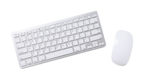 Photo of Modern wireless computer keyboard and mouse isolated on white, top view
