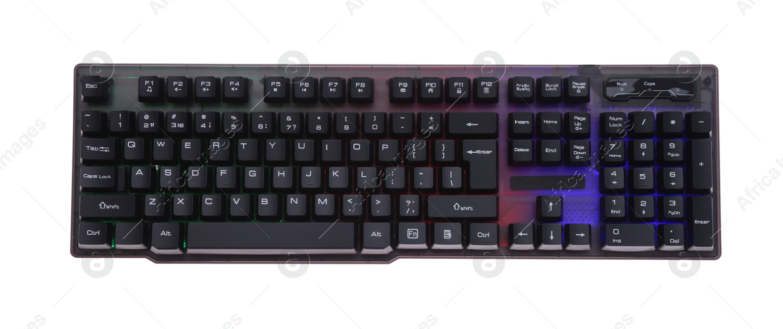 Modern computer keyboard with RGB lighting isolated on white, top view Photo of Modern computer keyboard with RGB lighting isolated on white, top view