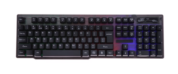 Photo of Modern computer keyboard with RGB lighting isolated on white, top view