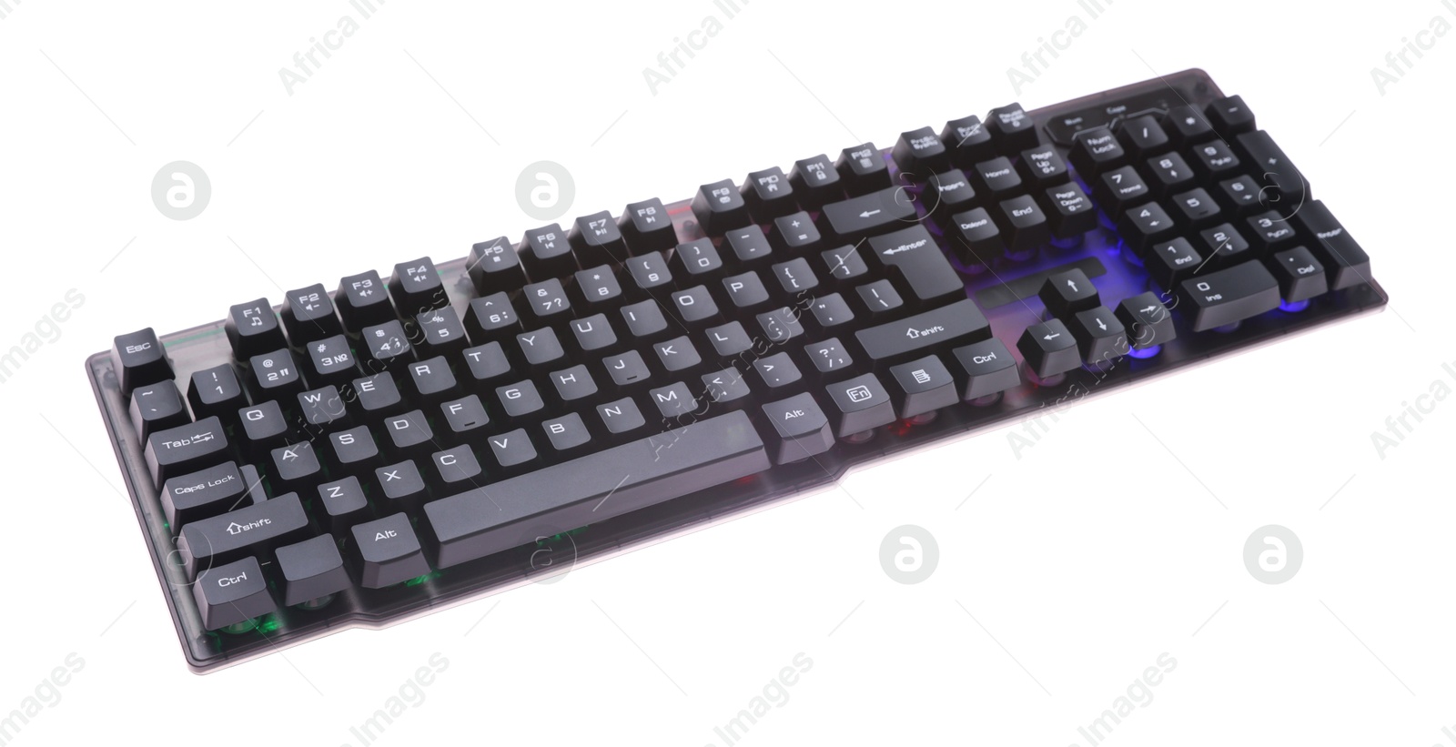 Modern computer keyboard with RGB lighting isolated on white Photo of Modern computer keyboard with RGB lighting isolated on white