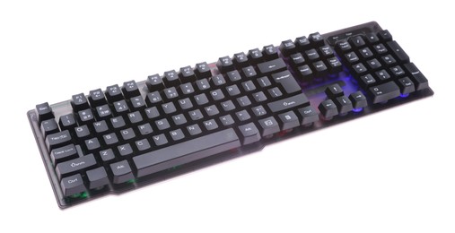 Photo of Modern computer keyboard with RGB lighting isolated on white
