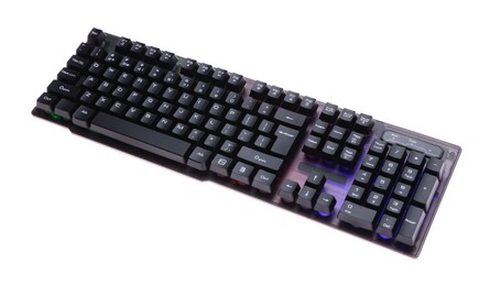 Photo of Modern computer keyboard with RGB lighting isolated on white