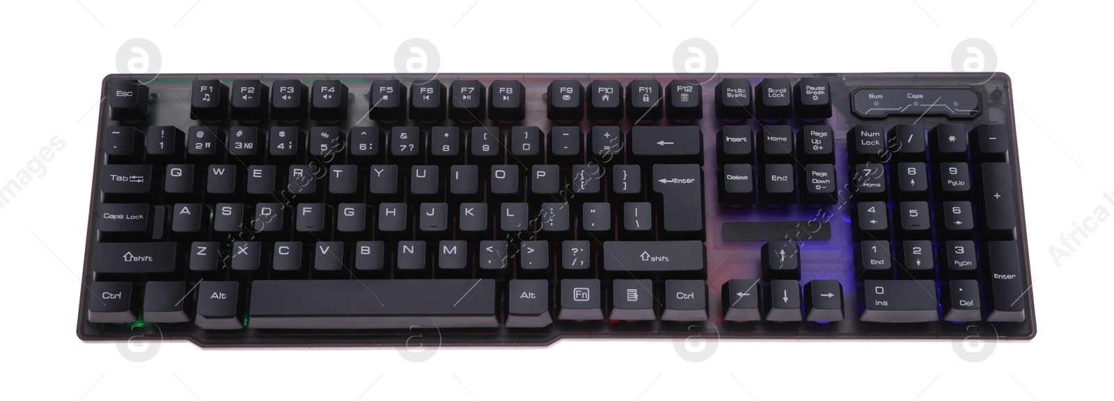 Modern computer keyboard with RGB lighting isolated on white, above view Photo of Modern computer keyboard with RGB lighting isolated on white, above view