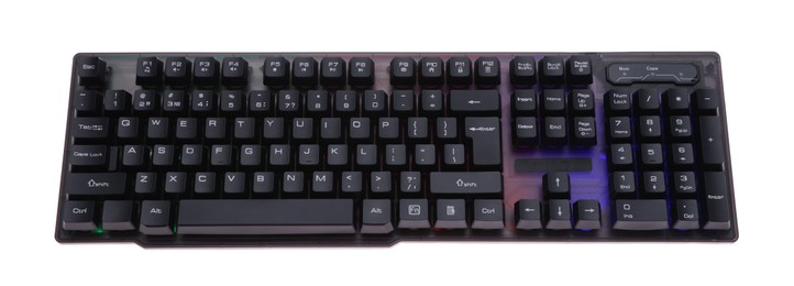 Photo of Modern computer keyboard with RGB lighting isolated on white, above view