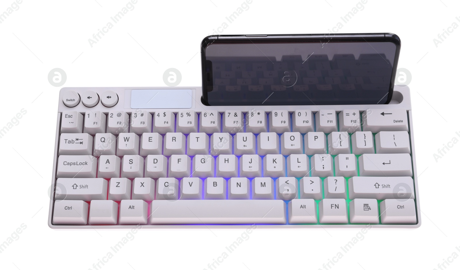 Modern computer keyboard with RGB lighting and smartphone isolated on white, above view Photo of Modern computer keyboard with RGB lighting and smartphone isolated on white, above view