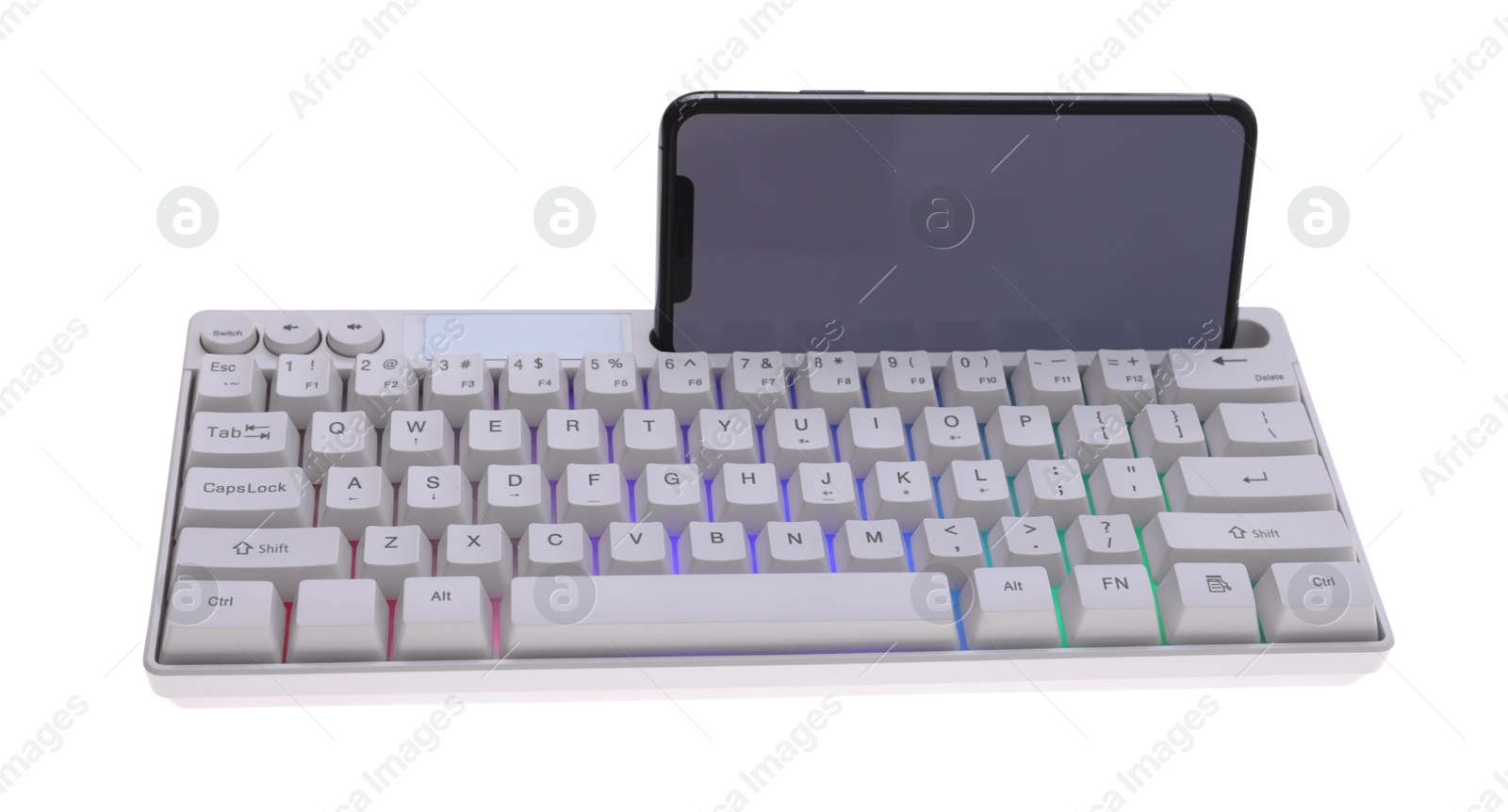 Modern computer keyboard with RGB lighting and smartphone isolated on white Photo of Modern computer keyboard with RGB lighting and smartphone isolated on white