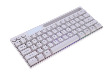 Photo of Modern computer keyboard with RGB lighting isolated on white