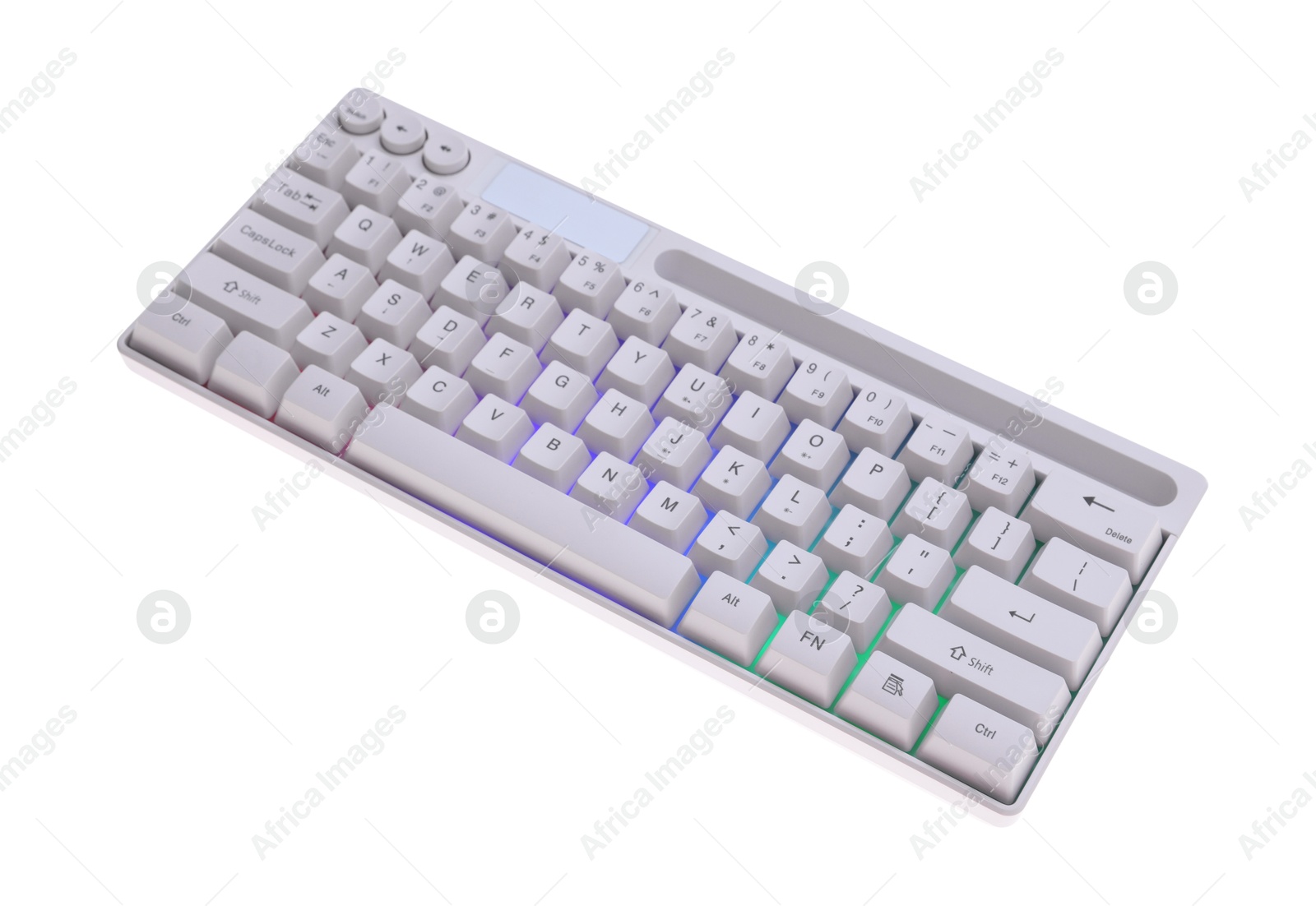 Modern computer keyboard with RGB lighting isolated on white, above view Photo of Modern computer keyboard with RGB lighting isolated on white, above view