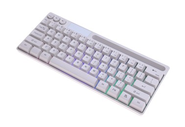 Photo of Modern computer keyboard with RGB lighting isolated on white, above view
