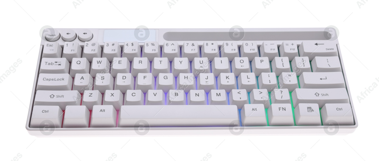 Modern computer keyboard with RGB lighting isolated on white Photo of Modern computer keyboard with RGB lighting isolated on white