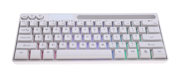 Photo of Modern computer keyboard with RGB lighting isolated on white