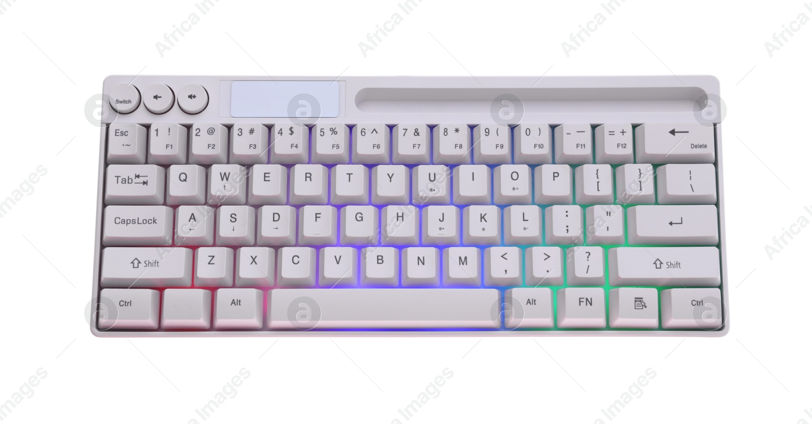 Photo of Modern computer keyboard with RGB lighting isolated on white, top view