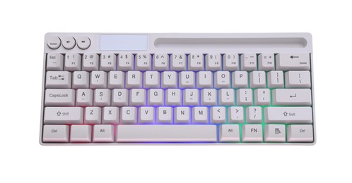 Photo of Modern computer keyboard with RGB lighting isolated on white, top view