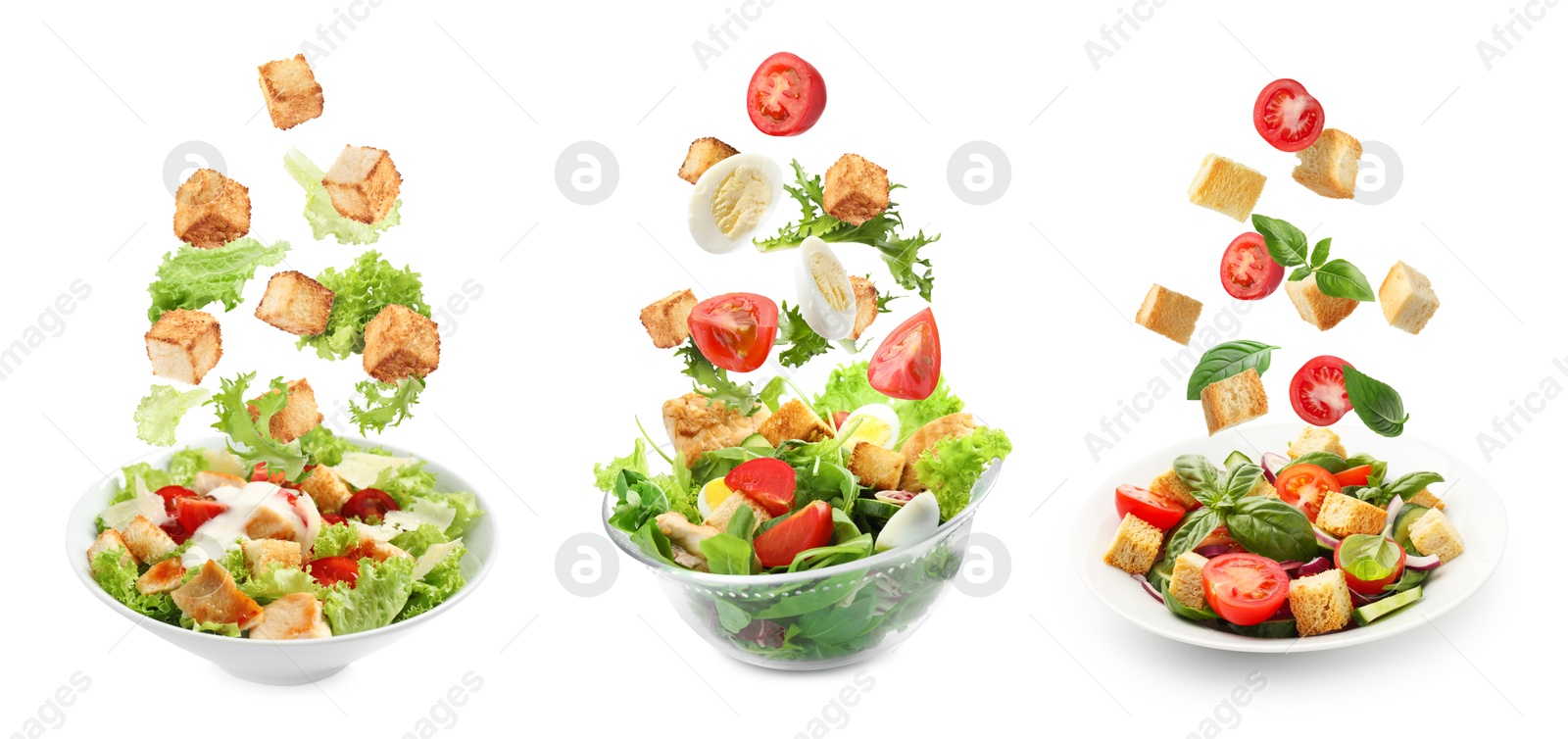 Image of Croutons and other ingredients falling into bowls of salads against white background, set