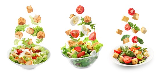 Image of Croutons and other ingredients falling into bowls of salads against white background, set